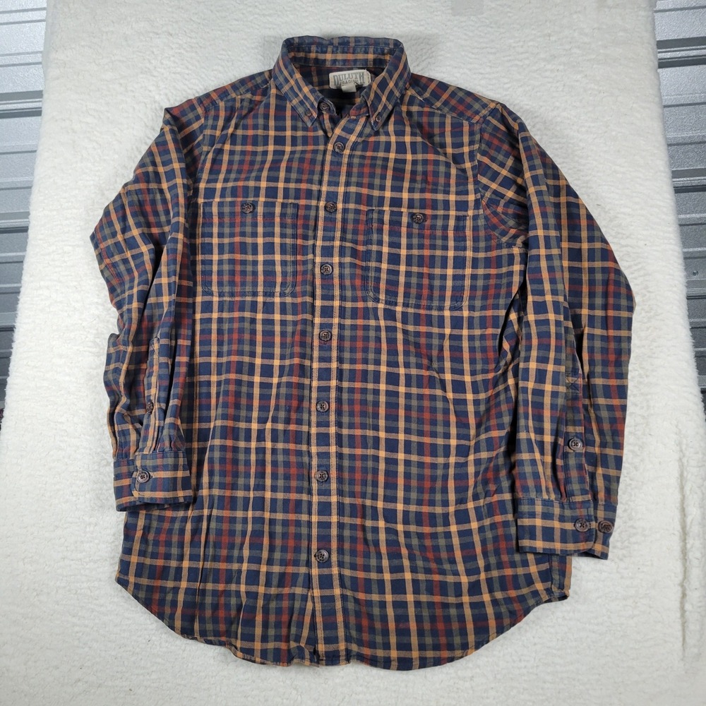 Duluth Trading Co Flannel Shirt Mens L Tall Blue Orange Plaid Slim Fit Cotton
